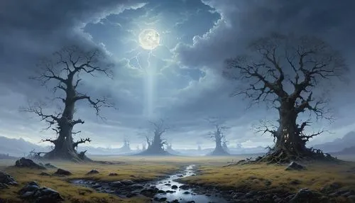 fantasy landscape,thunderstorm,barren,druid grove,ghost forest,northrend,fantasy picture,lightning storm,veil fog,mushroom landscape,nature's wrath,necropolis,the order of the fields,lunar landscape,world digital painting,druids,thunderclouds,isolated tree,apocalypse,fallen giants valley,Conceptual Art,Fantasy,Fantasy 29