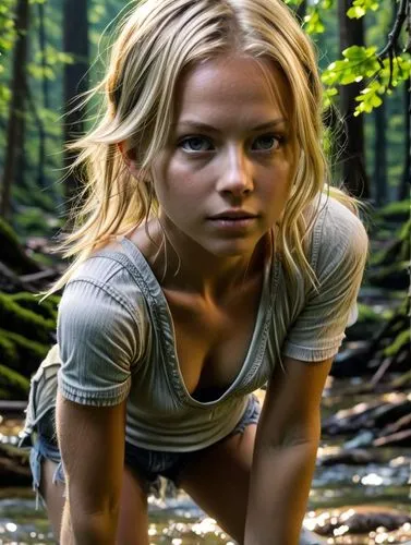 bending over and looking down,katniss,the blonde in the river,lori,sarah walker,blond girl,jennifer lawrence - female,heidi country,blonde girl,greta oto,girl in t-shirt,digital compositing,girl on th