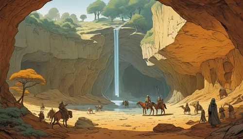 guards of the canyon,fairyland canyon,slot canyon,wasserfall,brown waterfall,zion,cave tour,canyon,water hole,travel poster,cave,cliff dwelling,water falls,game illustration,narrows,watering hole,yellow mountains,water fall,chasm,canyoning,Illustration,Realistic Fantasy,Realistic Fantasy 04