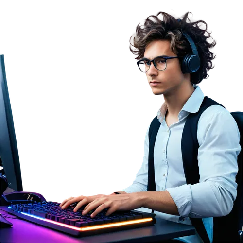 Gaming setup, high-tech PC, LED lights, futuristic keyboard, mousepad, ergonomic chair, gamer boy, young adult, messy hair, glasses, casual wear, intense facial expression, focused eyes, hands on keyb