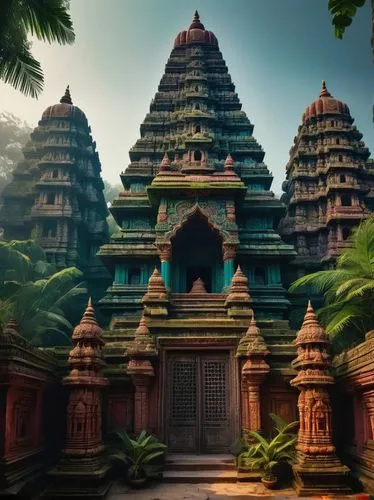 Intricate mandir architecture, ancient temple, ornate carvings, vibrant colors, Hindu deity statues, grand entrance gate, detailed stone walls, lush greenery surroundings, tropical trees, misty atmosp