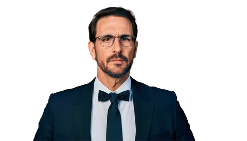 sole dad image, mature man, 40s, facial close-up, serious expression, short brown hair, beard, mustache, glasses, white shirt, black tie, formal suit, standing, confident pose, warm lighting, shallow 