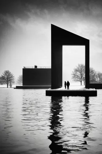 reflecting pool,k13 submarine memorial park,mirror house,holocaust memorial,corten steel,water wall,floating stage,monolithic part of the waters,archidaily,9 11 memorial,egyptian temple,tidal basin,japan peace park,black landscape,wwii memorial,marine corps memorial,monochrome photography,sculpture park,world war ii memorial,architecture,Illustration,Black and White,Black and White 33