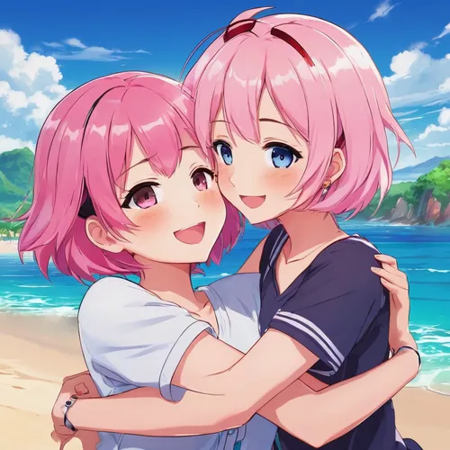 beach background,hiyayakko,hug,together and happy,hands holding,reizei,honmei choco,honolulu,two girls,protect,piggyback,pink beach,kawaii people swimming,hand in hand,ganmodoki,png image,beach scenery,bulli,pink background,hugging,Illustration,Japanese style,Japanese Style 03