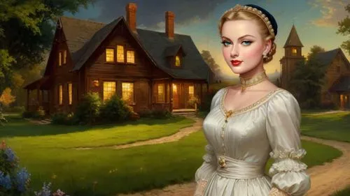 Romantic masterpiece oil painting, beautiful curvy busty woman portrait, silk sarafan dress, nostalgic 1950's style kitsch, breathtaking beautiful epic vast American Midwestern landscape, little house