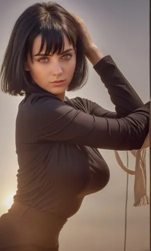 Young woman with short straight black hair, onyx eyes, posing.,Pretty woman, short bob hair, leaning against a pole holding her head,alita,karai,anastasiadis,short bob hair,Pretty woman,Slim model,Pho