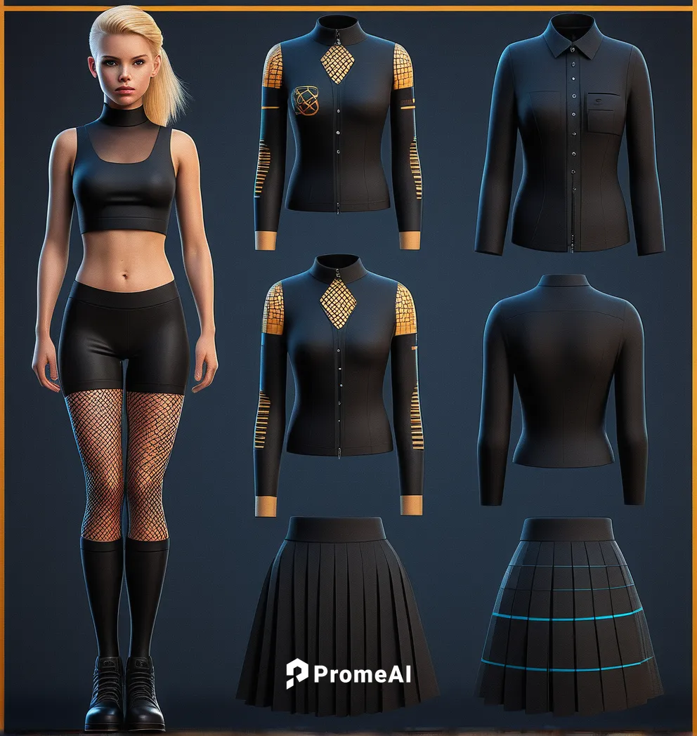 Paper doll cyberpunk blond haired girl in black sleeveless shirt ,black tight fit spandex shorts, fishnet and black boot standing surrounded by with a set of cyberpunk futuristic fashion clothing, shi