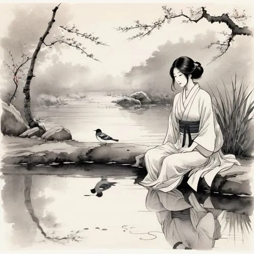 guqin,baishi,qingming,ugetsu,zhuangzi,oriental painting,japanese art,yuexiu,qinqin,yiping,sakimoto,geisha girl,qingcheng,lotus pond,zazen,lily pond,wuxia,qibao,hanfu,geisha,Illustration,Paper based,Paper Based 30