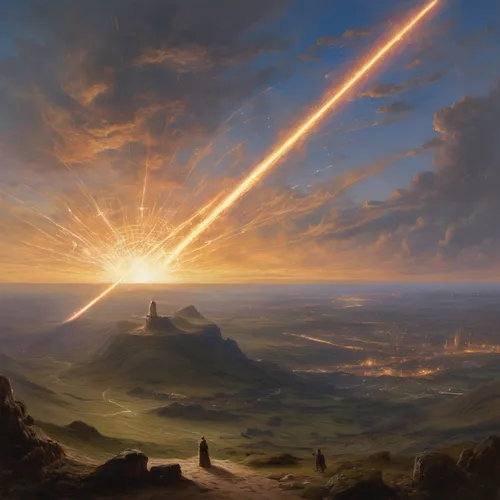 meteor,meteorite impact,meteor rideau,fantasy landscape,meteorite,mountain sunrise,asteroid,sunrise in the skies,meteor shower,volcanic landscape,sunburst background,perseid,world digital painting,perseids,celestial event,sci fiction illustration,beacon,atmospheric phenomenon,asteroids,rocket launch,Art,Classical Oil Painting,Classical Oil Painting 13