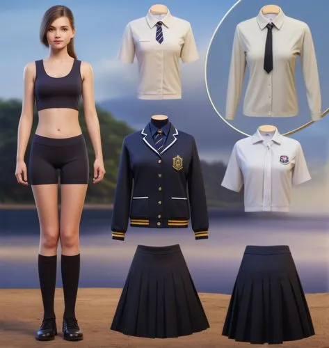 Paper doll British schoolgirl in black sleeveless shirt ,black tight fit spandex shorts with black sock and black shoe standing surrounded by with a set of british school uniform, shirt, grey pleated 