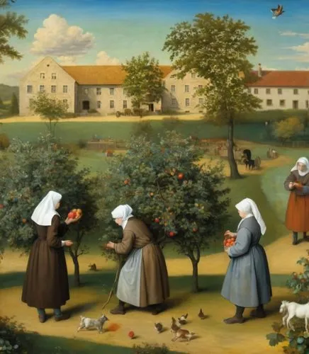 (view from above as in the paintings of Pieter Bruegel, small figures of Catholic nuns in Breton bonnets and kerchiefs, light brown robes and dark brown dresses are picking apples from the trees, next