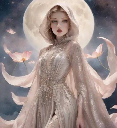 this illustration shows the woman with a long white cloak, sitting on a cloud background with flowers in front of her,white rose snow queen,queen of the night,peignoir,moonflower,the snow queen,galadr