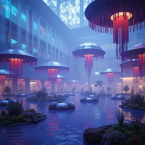 futuristic landscape,winter garden,fantasy city,mushroom landscape,underwater oasis,wintergarden,futuristic art museum,umbrellas,sky space concept,skyways,futuristic architecture,arcology,fountains,atmospheres,aquarium,shangrila,arbor,lagoon,city fountain,shaoming