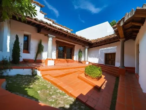 DISEÑO DE UNA CASA ESTILO MEXICANO MODERNO, CON UN CLAUSTRO CONFORMADO POR UNA TERRAZA  A BASE DE VIGAS DE MADERA, TEJA, COLUMNAS REDONDAS, EN EL CENTRO UN ESPEJO DE AGUA, CON EL ESTILO DE LA ARQUITEC