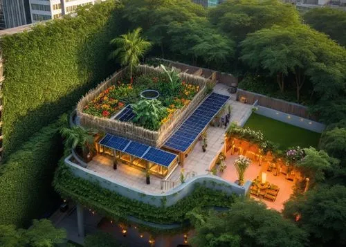 In the heart of the city, a rooftop garden filled with lush greenery and vibrant blooms stands tall. The skyscrapers of the garden are adorned with sleek glass facades, and the neon lights of the buil