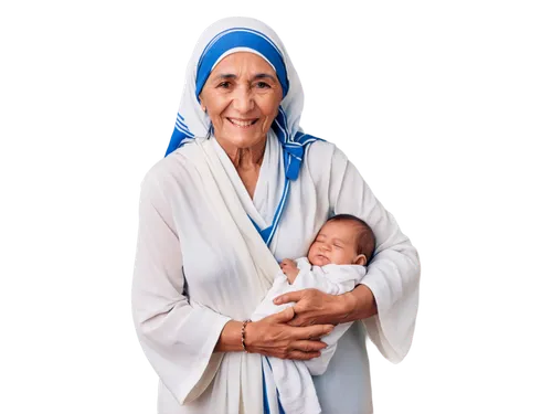 Mother Teresa, gentle smile, warm eyes, wrinkled hands, simple white robe, rosary beads, holding a baby, cradling, comforting, soft focus, natural light, shallow depth of field, earthy tone, cinematic