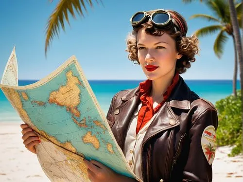 Amelia Earhart, female pilot, adventurous, 1930s style clothing, leather jacket, goggles, curly brown hair, bright red lipstick, holding a navigational map, standing on a tropical island, palm trees s