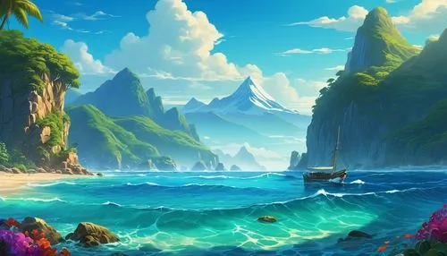 ocean background,tropical sea,coastal landscape,sea landscape,beach landscape,an island far away landscape,ocean paradise,landscape background,cliffs ocean,beach scenery,ocean,fantasy landscape,mountain beach,cartoon video game background,sea-shore,dream beach,tropical beach,sea,underwater landscape,seascape