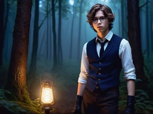 Wynx, young wizard, magical boy, slender build, messy brown hair, bright blue eyes, glasses with round lenses, white shirt with rolled-up sleeves, dark blue vest, black pants, leather boots, holding a