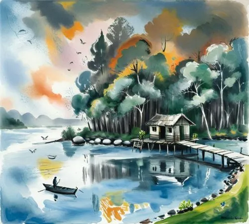 watercolor on paper of a boat dock with a house next to it,alapuzha,bordyuzha,kerala,ambalapuzha,tasik,watercolorist,Art,Artistic Painting,Artistic Painting 37