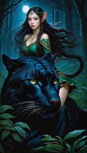 fantasy picture,fantasy art,blackwolf,black shepherd,the enchantress,hecate,Illustration,Realistic Fantasy,Realistic Fantasy 08