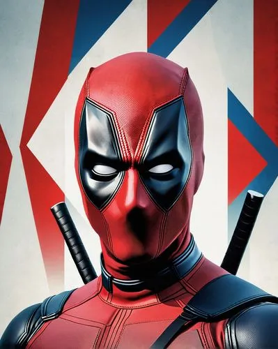 Deadpool with a striking appearance. he has a prominent red and blue geometric shape, resembling a zigzag, superimposed on his face, the background is plain and white. The geometric shape is sharp and