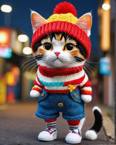 Calico cat, cat standing and posing on the street, wearing a striped shirt and sneakers, in pop art style, light red and yellow, knitted and crocheted style, wearing a colorful sweater, shorts, and ha