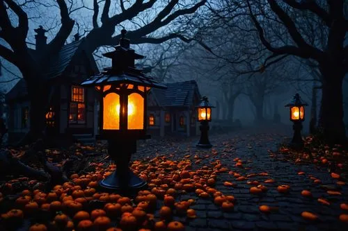 halloween scene,halloween background,halloween wallpaper,fairy lanterns,decorative pumpkins,pumpkin lantern,lanterns,pumpkin autumn,halloween pumpkins,jack o'lantern,jack o' lantern,halloween illustration,pumpkins,street lantern,garrison,autumn pumpkins,halloween decoration,lamplight,halloween and horror,samhain,Illustration,Realistic Fantasy,Realistic Fantasy 45