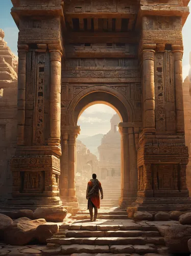 Imagine Miles Prower exploring a mysterious ancient temple filled with traps and puzzles,petra,karnak,egypt,pharaonic,ancient city,the ancient world,ancient egypt,egyptian temple,ancient civilization,