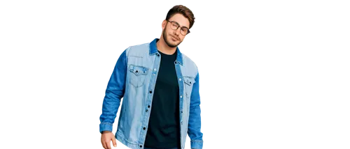 Male artist, photography studio, solo, (25yo), casual hairstyle, glasses, facial hair, denim jacket, white T-shirt, jeans, sneakers, camera in hand, standing, relaxed pose, natural light, softbox ligh