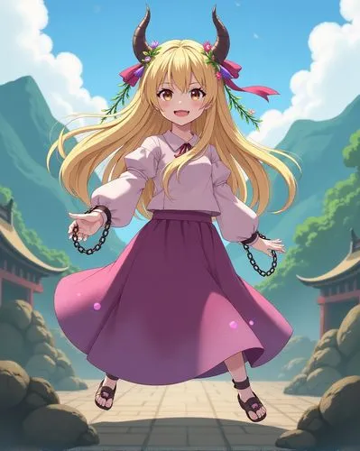 Suika Ibuki, wearing a tattered light pink blouse, a long purple and pink skirt, and three shackles with chains on her right arms and leg, (Suika Ibuki, very long blonde hair tied at the top with a re