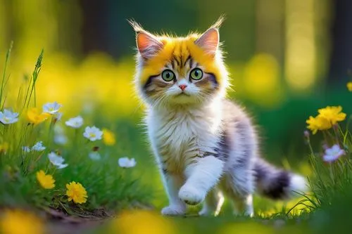 Sprigatito, grass/poison type, green and yellow fur, big eyes, white paws, standing on hind legs, front paws together, forest, trees, flowers, sunny day, warm light, shallow depth of field, cute, chil