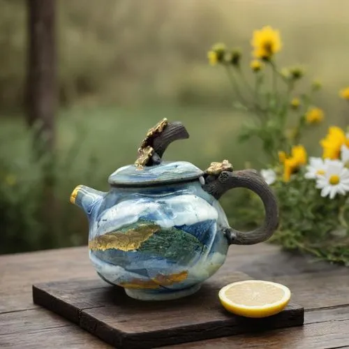 陽光明媚，喝下午茶，桌上有鮮花，旁邊有小點心,a painted blue teapot with a bird on top,fragrance teapot,tea zen,flower tea,flowering tea,vintage teapot,chrysanthemum tea