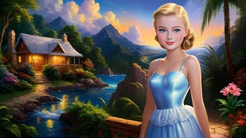 Romantic masterpiece oil painting, beautiful girl portrait, nostalgic 1950's style kitsch, vibrant rainforest,  mountaintop cottage landscape, lush tropical jungle paradise, summer beach scenery, by T