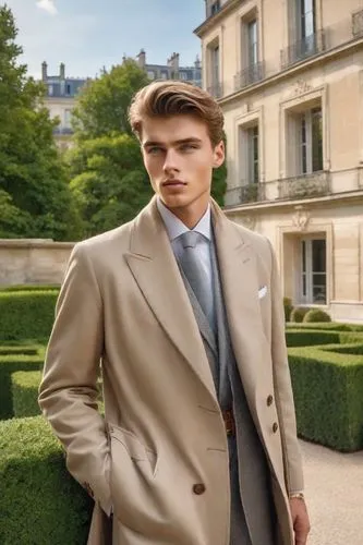 trench coat,boutonniere,men's suit,frock coat,cognac,overcoat,aristocrat,versailles,orsay,paris,menswear,valentino,george russell,french digital background,suit trousers,men clothes,paris clip art,male model,men's wear,formal guy,Photography,Realistic