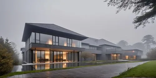 dark grey roof,forest house,modern house,modern architecture,house in the forest,architektur,cube house,lohaus,morning mist,foggy landscape,residential house,dreamhouse,timber house,house with lake,cu