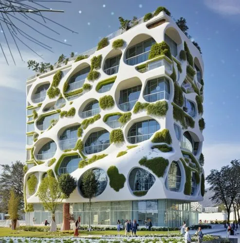 people walk in front of a large white building,cubic house,ecovillages,cube stilt houses,greentech,ecological sustainable development,solar cell base,Photography,Artistic Photography,Artistic Photogra