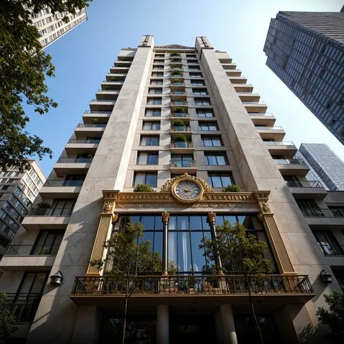 Glamorous skyscraper facade, Art Deco patterns, metallic accents, ornate details, geometric shapes, symmetrical composition, luxurious materials, marble cladding, golden ornaments, intricate moldings,