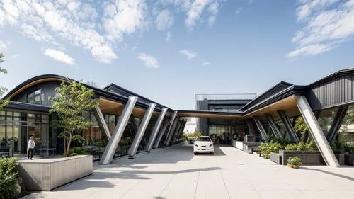 architecture moderne d'un aerogare de transport de bus jaune et personnage
avec une structure en béton,school design,eco hotel,modern architecture,futuristic architecture,metal cladding,palo alto,mult