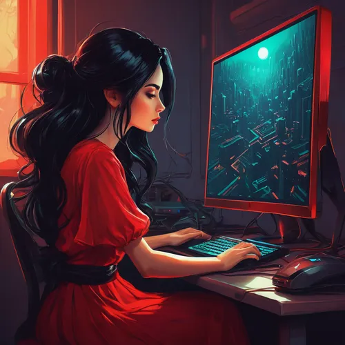 girl at the computer,game illustration,computer addiction,world digital painting,computer game,computer art,girl studying,game addiction,woman playing,computer,computer freak,internet addiction,sci fiction illustration,game drawing,illustrator,digital painting,red background,digitalart,night administrator,digital art,Conceptual Art,Fantasy,Fantasy 21