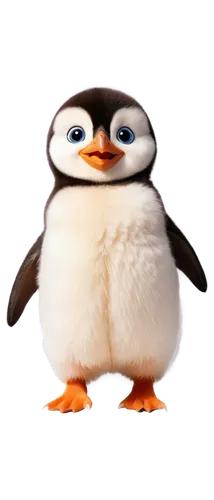 Cute penguin, cartoon style, standing, (3-4yo), fluffy feathers, bright eyes, orange beak, small flippers, white belly, black back, adorable expression, soft focus, warm lighting, shallow depth of fie