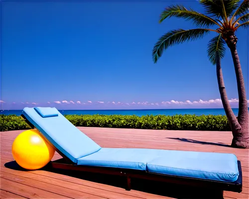 Summer background, vibrant colors, clear blue sky, fluffy white clouds, warm sunlight, palm trees, beach balls, inflatables, tropical flowers, green grass, wooden deck, lounge chairs, 3/4 composition,