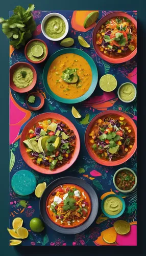 Create a vibrant Mexican menu design with a festive font,ceviche ecuatoriano,uttapam,ceviche,gazpacho,food collage,mexican foods,moqueca,pozole,tex-mex food,placemat,pico de gallo,menudo,tostada,sopa 