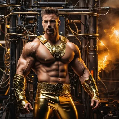 a handsome superhero with powerful muscles with powers over electricity, water, earth, wind and fire, show his face, he is wearing gold metal pants, gold metal gauntlets ,gold metal boots with a gold 