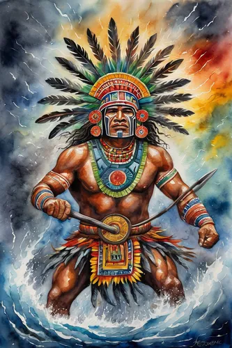 aztec,sea god,god of the sea,poseidon,poseidon god face,indigenous painting,aztecs,shamanic,tribal chief,shamanism,el mar,pachamama,chief cook,maya civilization,chief,red chief,sea man,red cloud,mariner,oil painting on canvas,Illustration,Paper based,Paper Based 24