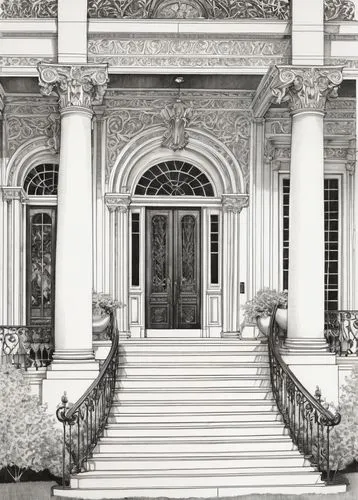 istana,rosecliff,entranceway,sursock,house entrance,palladianism,italianate,entranceways,neoclassical,mansions,entablature,villa balbianello,entryway,facade painting,entrances,ornamentation,fanlight,mansion,driehaus,henry g marquand house,Illustration,Black and White,Black and White 34