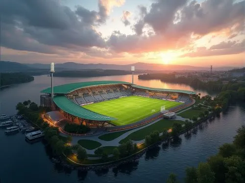 Lakefront soccer stadium, modern architecture, sleek lines, glass facade, steel structure, green roof, tiered seating, floodlights, evening game atmosphere, sunset over lake, calm water reflection, sa