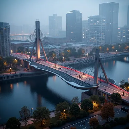 Futuristic bridge design, experimental structural systems, sleek metallic arches, suspension cables, vibrant LED lighting, urban cityscape, misty morning atmosphere, shallow depth of field, 1/2 compos