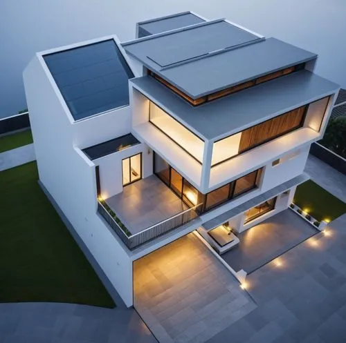 Changed the appearance of a 3-story residence using a modern architectural style with a grey tile roof. 
Create architectural lines with strong colors. Create the interior and exterior lighting of the