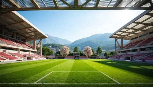 Panoramic football stadium, lush green grass, vibrant sports lighting, tiered seating, modern architecture, sleek metal structures, angular lines, minimalist design, natural stone fa\u00e7ades, large 